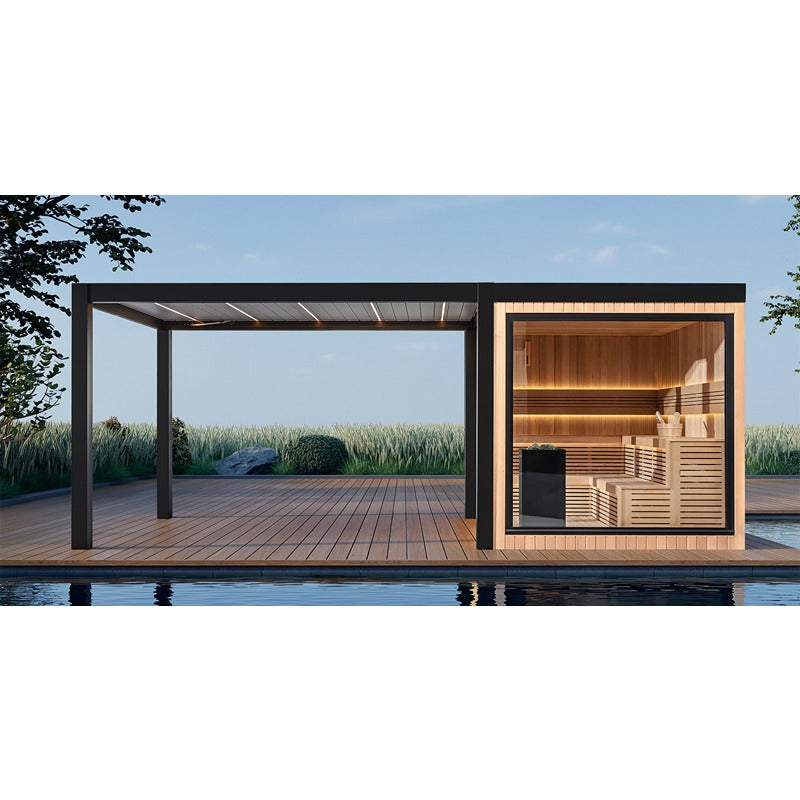 AWT THE CUBE X7-L pro Hemlock - modern outdoor design sauna with glass front and pergola by the pool